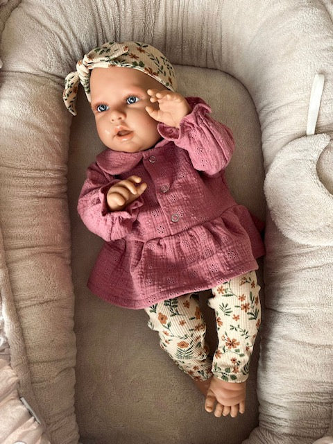 Bloesje broderie kleiroze en broekje rib vintage flower